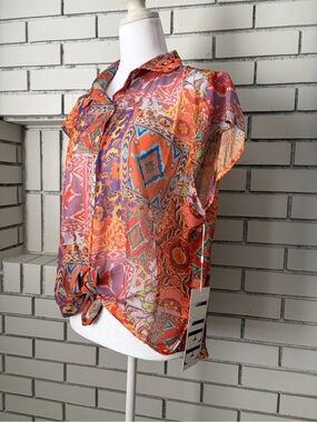 Orange, Pink & Purple Printed Short-Sleeve Button Blouse